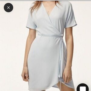 Aritzia Babaton light blue glimmer Wallace tie front wrap dress